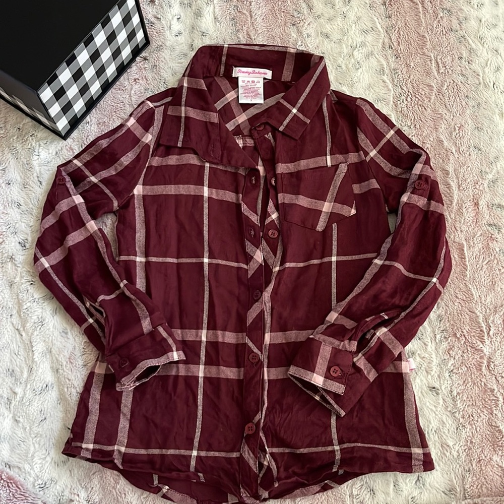 Tommy Bahamas Burgundy/Pink Plaid Long Sleeve shirt kids size 7